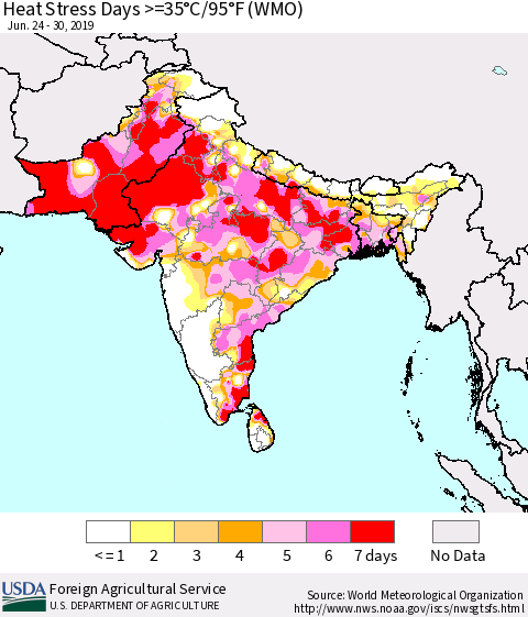 Southern Asia Heat Stress Days >=35°C/95°F (WMO) Thematic Map For 6/24/2019 - 6/30/2019