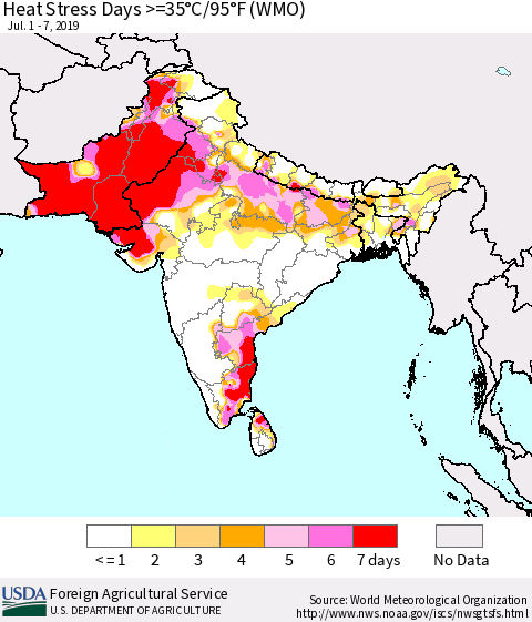 Southern Asia Heat Stress Days >=35°C/95°F (WMO) Thematic Map For 7/1/2019 - 7/7/2019