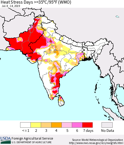 Southern Asia Heat Stress Days >=35°C/95°F (WMO) Thematic Map For 7/8/2019 - 7/14/2019