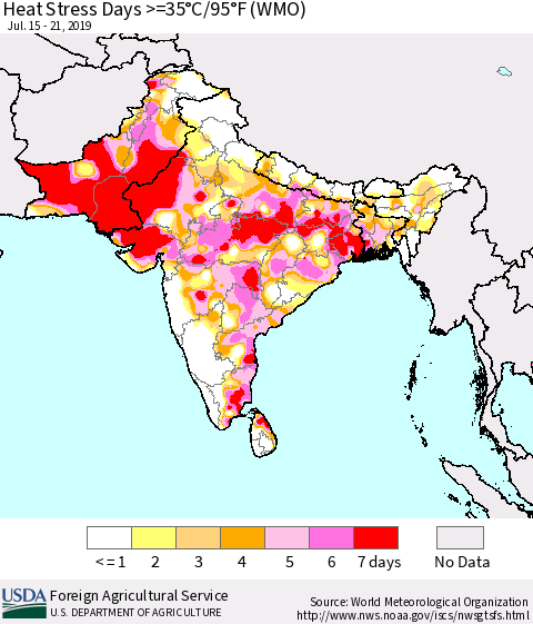 Southern Asia Heat Stress Days >=35°C/95°F (WMO) Thematic Map For 7/15/2019 - 7/21/2019