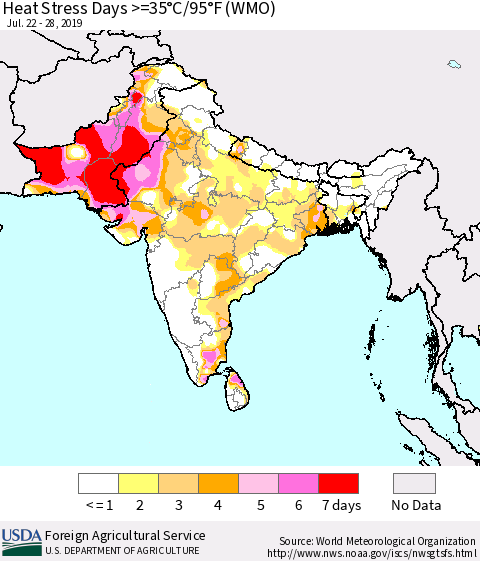 Southern Asia Heat Stress Days >=35°C/95°F (WMO) Thematic Map For 7/22/2019 - 7/28/2019