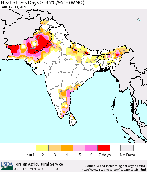 Southern Asia Heat Stress Days >=35°C/95°F (WMO) Thematic Map For 8/12/2019 - 8/18/2019