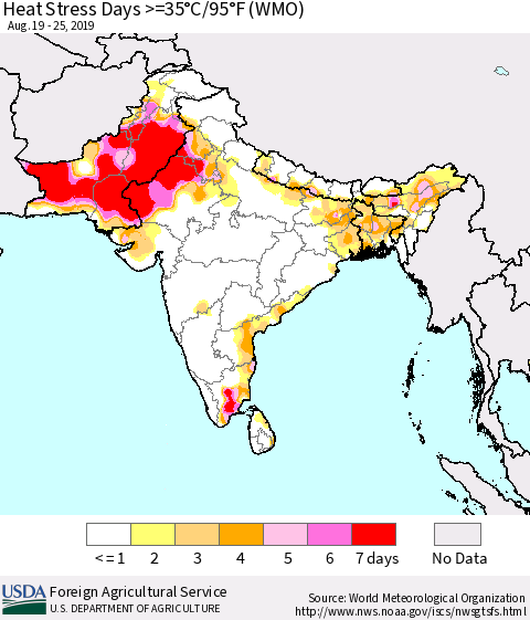 Southern Asia Heat Stress Days >=35°C/95°F (WMO) Thematic Map For 8/19/2019 - 8/25/2019