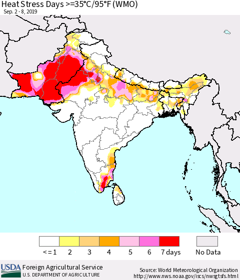 Southern Asia Heat Stress Days >=35°C/95°F (WMO) Thematic Map For 9/2/2019 - 9/8/2019