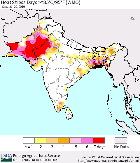 Southern Asia Heat Stress Days >=35°C/95°F (WMO) Thematic Map For 9/16/2019 - 9/22/2019
