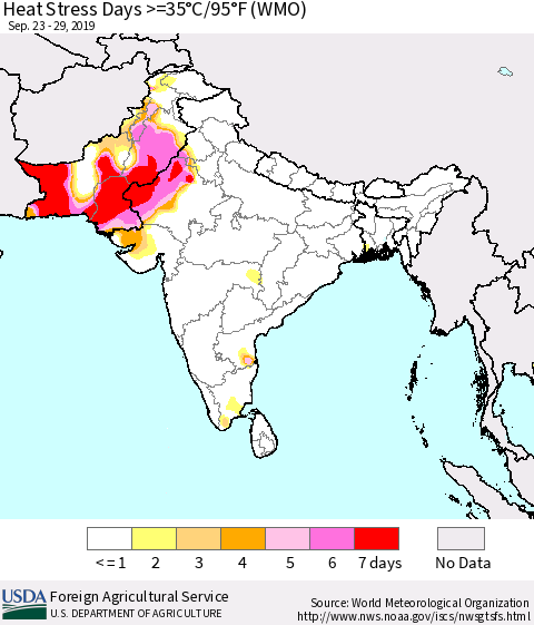 Southern Asia Heat Stress Days >=35°C/95°F (WMO) Thematic Map For 9/23/2019 - 9/29/2019