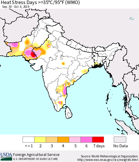Southern Asia Heat Stress Days >=35°C/95°F (WMO) Thematic Map For 9/30/2019 - 10/6/2019