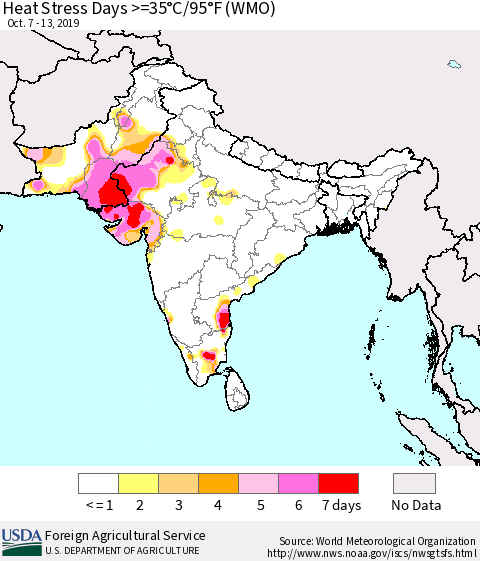 Southern Asia Heat Stress Days >=35°C/95°F (WMO) Thematic Map For 10/7/2019 - 10/13/2019