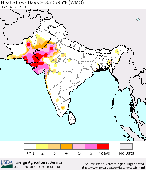 Southern Asia Heat Stress Days >=35°C/95°F (WMO) Thematic Map For 10/14/2019 - 10/20/2019