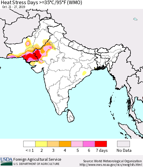 Southern Asia Heat Stress Days >=35°C/95°F (WMO) Thematic Map For 10/21/2019 - 10/27/2019
