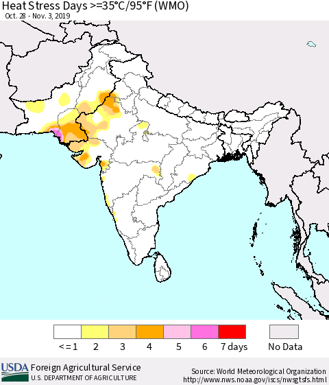 Southern Asia Heat Stress Days >=35°C/95°F (WMO) Thematic Map For 10/28/2019 - 11/3/2019