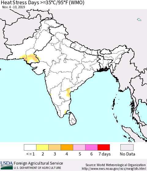 Southern Asia Heat Stress Days >=35°C/95°F (WMO) Thematic Map For 11/4/2019 - 11/10/2019