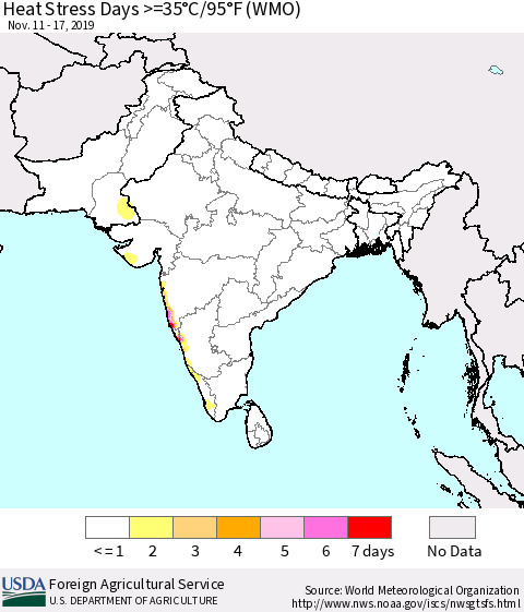 Southern Asia Heat Stress Days >=35°C/95°F (WMO) Thematic Map For 11/11/2019 - 11/17/2019
