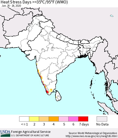 Southern Asia Heat Stress Days >=35°C/95°F (WMO) Thematic Map For 1/20/2020 - 1/26/2020