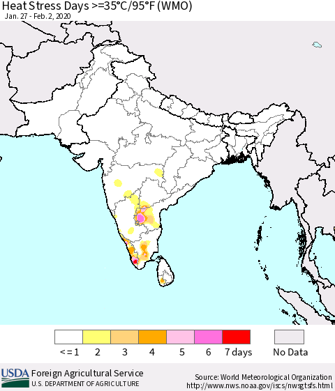 Southern Asia Heat Stress Days >=35°C/95°F (WMO) Thematic Map For 1/27/2020 - 2/2/2020