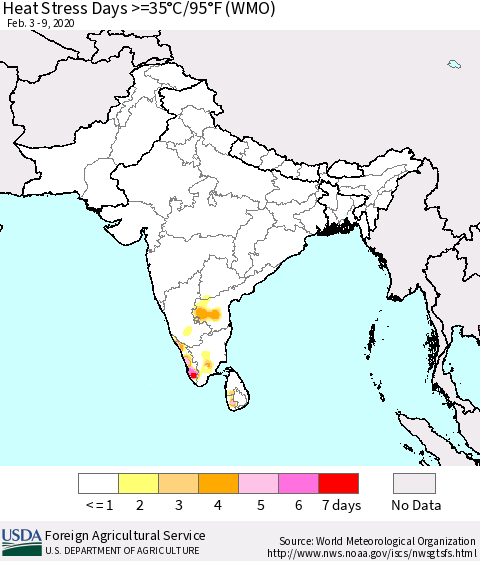 Southern Asia Heat Stress Days >=35°C/95°F (WMO) Thematic Map For 2/3/2020 - 2/9/2020