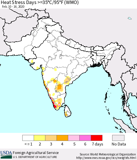 Southern Asia Heat Stress Days >=35°C/95°F (WMO) Thematic Map For 2/10/2020 - 2/16/2020