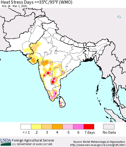 Southern Asia Heat Stress Days >=35°C/95°F (WMO) Thematic Map For 2/24/2020 - 3/1/2020