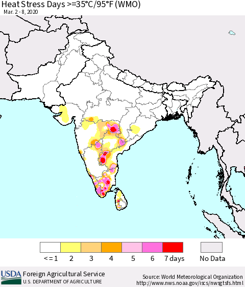 Southern Asia Heat Stress Days >=35°C/95°F (WMO) Thematic Map For 3/2/2020 - 3/8/2020