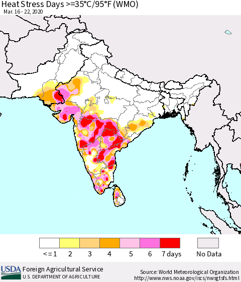 Southern Asia Heat Stress Days >=35°C/95°F (WMO) Thematic Map For 3/16/2020 - 3/22/2020