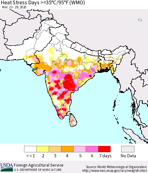 Southern Asia Heat Stress Days >=35°C/95°F (WMO) Thematic Map For 3/23/2020 - 3/29/2020