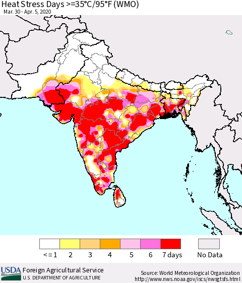 Southern Asia Heat Stress Days >=35°C/95°F (WMO) Thematic Map For 3/30/2020 - 4/5/2020