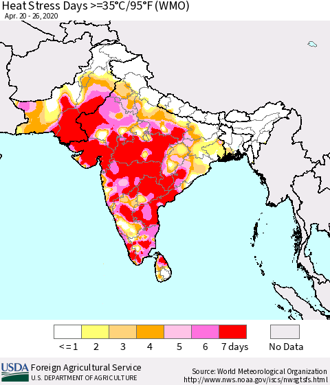 Southern Asia Heat Stress Days >=35°C/95°F (WMO) Thematic Map For 4/20/2020 - 4/26/2020