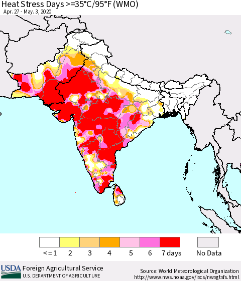 Southern Asia Heat Stress Days >=35°C/95°F (WMO) Thematic Map For 4/27/2020 - 5/3/2020