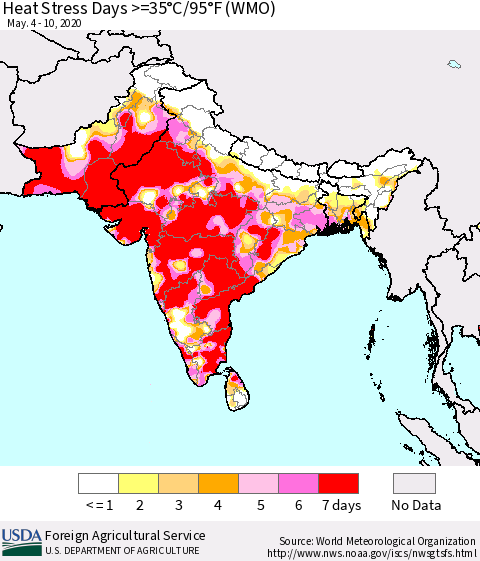 Southern Asia Heat Stress Days >=35°C/95°F (WMO) Thematic Map For 5/4/2020 - 5/10/2020