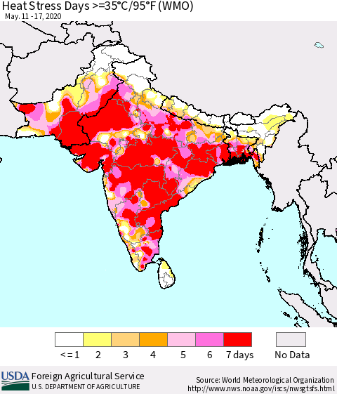 Southern Asia Heat Stress Days >=35°C/95°F (WMO) Thematic Map For 5/11/2020 - 5/17/2020