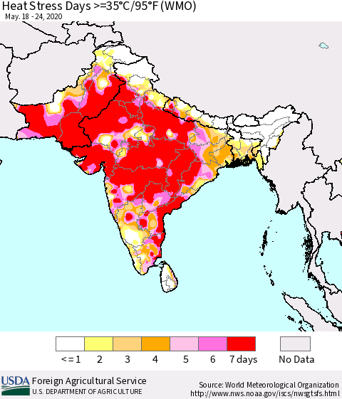 Southern Asia Heat Stress Days >=35°C/95°F (WMO) Thematic Map For 5/18/2020 - 5/24/2020