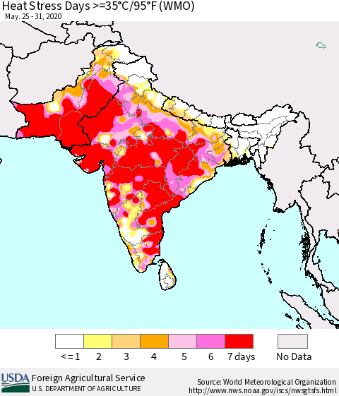 Southern Asia Heat Stress Days >=35°C/95°F (WMO) Thematic Map For 5/25/2020 - 5/31/2020