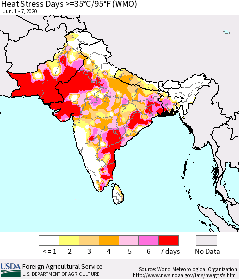 Southern Asia Heat Stress Days >=35°C/95°F (WMO) Thematic Map For 6/1/2020 - 6/7/2020