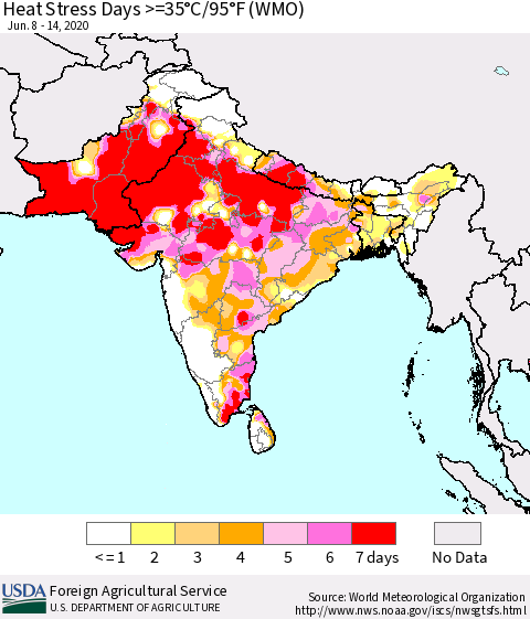 Southern Asia Heat Stress Days >=35°C/95°F (WMO) Thematic Map For 6/8/2020 - 6/14/2020