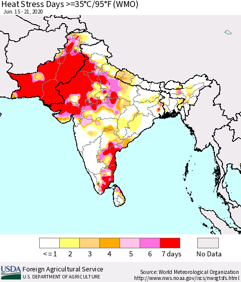 Southern Asia Heat Stress Days >=35°C/95°F (WMO) Thematic Map For 6/15/2020 - 6/21/2020