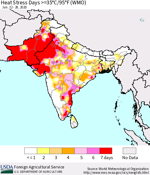 Southern Asia Heat Stress Days >=35°C/95°F (WMO) Thematic Map For 6/22/2020 - 6/28/2020