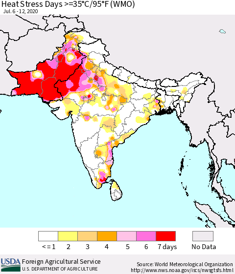 Southern Asia Heat Stress Days >=35°C/95°F (WMO) Thematic Map For 7/6/2020 - 7/12/2020