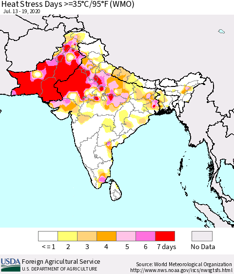 Southern Asia Heat Stress Days >=35°C/95°F (WMO) Thematic Map For 7/13/2020 - 7/19/2020