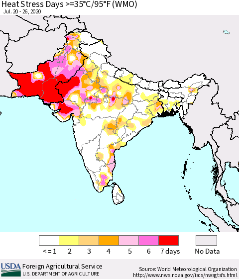 Southern Asia Heat Stress Days >=35°C/95°F (WMO) Thematic Map For 7/20/2020 - 7/26/2020