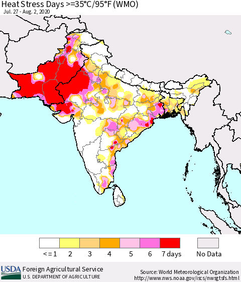 Southern Asia Heat Stress Days >=35°C/95°F (WMO) Thematic Map For 7/27/2020 - 8/2/2020