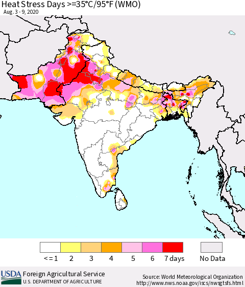 Southern Asia Heat Stress Days >=35°C/95°F (WMO) Thematic Map For 8/3/2020 - 8/9/2020