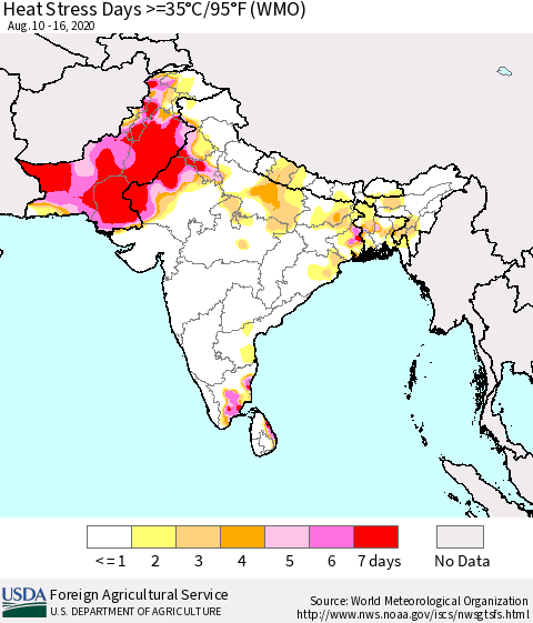 Southern Asia Heat Stress Days >=35°C/95°F (WMO) Thematic Map For 8/10/2020 - 8/16/2020