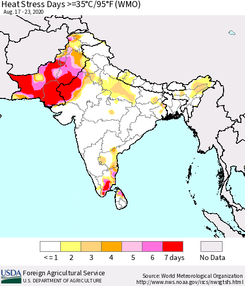 Southern Asia Heat Stress Days >=35°C/95°F (WMO) Thematic Map For 8/17/2020 - 8/23/2020