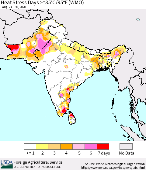 Southern Asia Heat Stress Days >=35°C/95°F (WMO) Thematic Map For 8/24/2020 - 8/30/2020