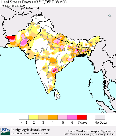 Southern Asia Heat Stress Days >=35°C/95°F (WMO) Thematic Map For 8/31/2020 - 9/6/2020