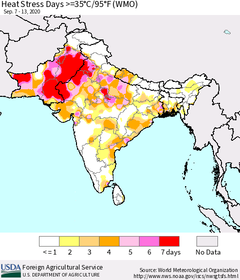 Southern Asia Heat Stress Days >=35°C/95°F (WMO) Thematic Map For 9/7/2020 - 9/13/2020