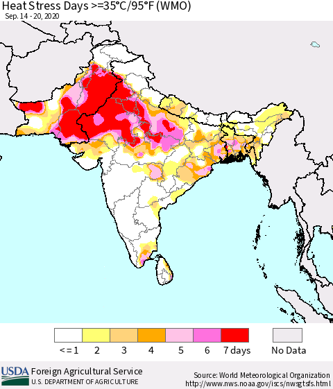 Southern Asia Heat Stress Days >=35°C/95°F (WMO) Thematic Map For 9/14/2020 - 9/20/2020