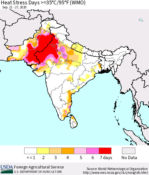 Southern Asia Heat Stress Days >=35°C/95°F (WMO) Thematic Map For 9/21/2020 - 9/27/2020