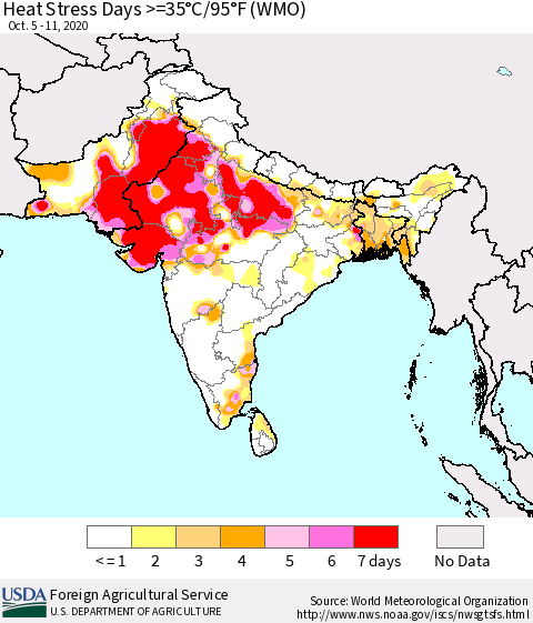 Southern Asia Heat Stress Days >=35°C/95°F (WMO) Thematic Map For 10/5/2020 - 10/11/2020