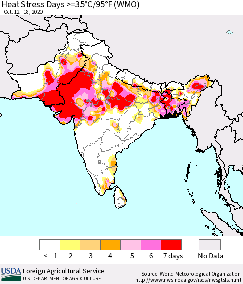 Southern Asia Heat Stress Days >=35°C/95°F (WMO) Thematic Map For 10/12/2020 - 10/18/2020